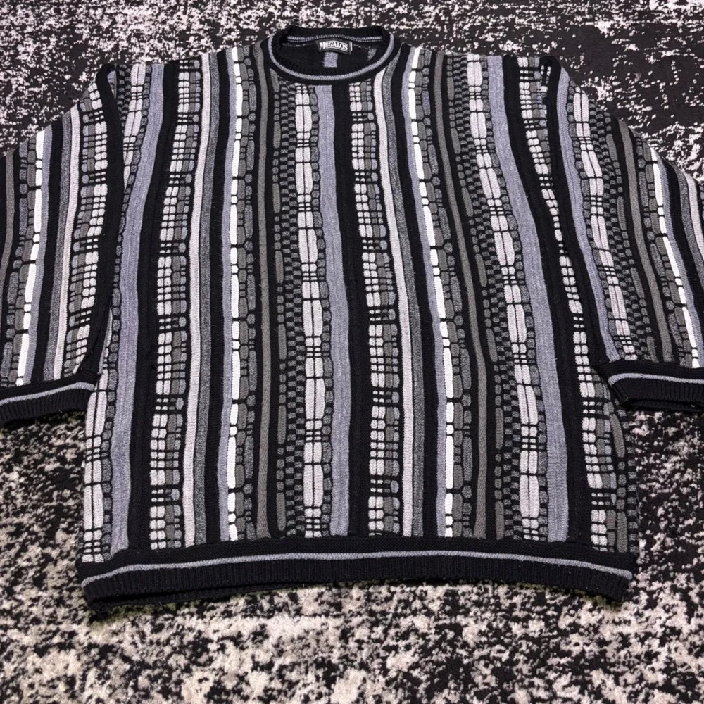 Vintage Megalos 3D Textured Knit Sweater Mens Black Grey Vertical Stripe XXL